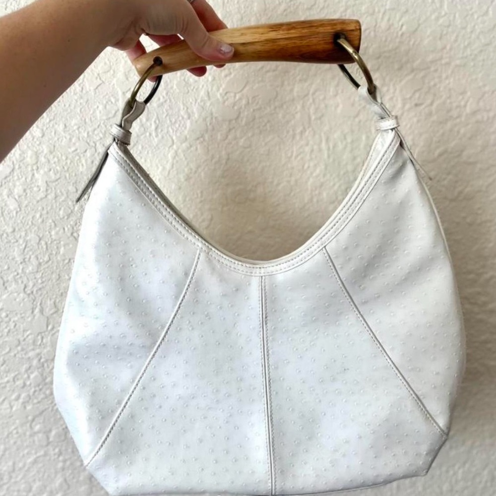 Vintage Ostrich skin bag with wooden handle.